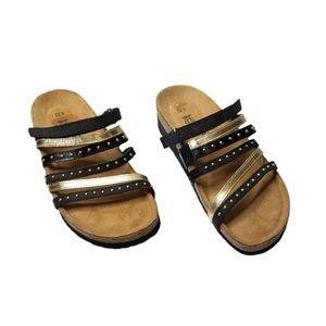 Naot Gold and Black Prescott Slide Sandals